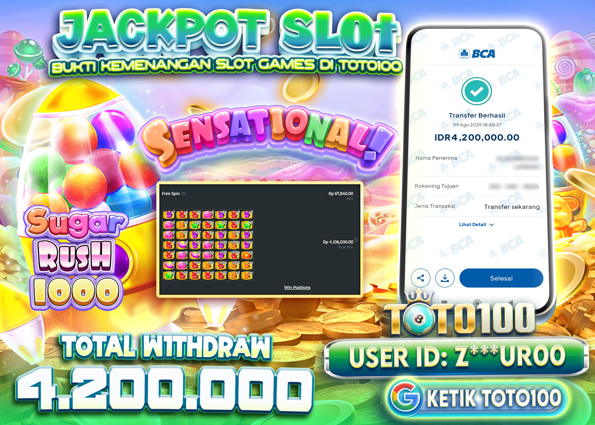 Z***UR00 JACKPOT SLOT SUGAR RUSH 1000 Rp.4.200.000 - LUNAS